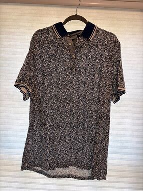 Men's Navy Floral-Print Polo with Contrast Collar